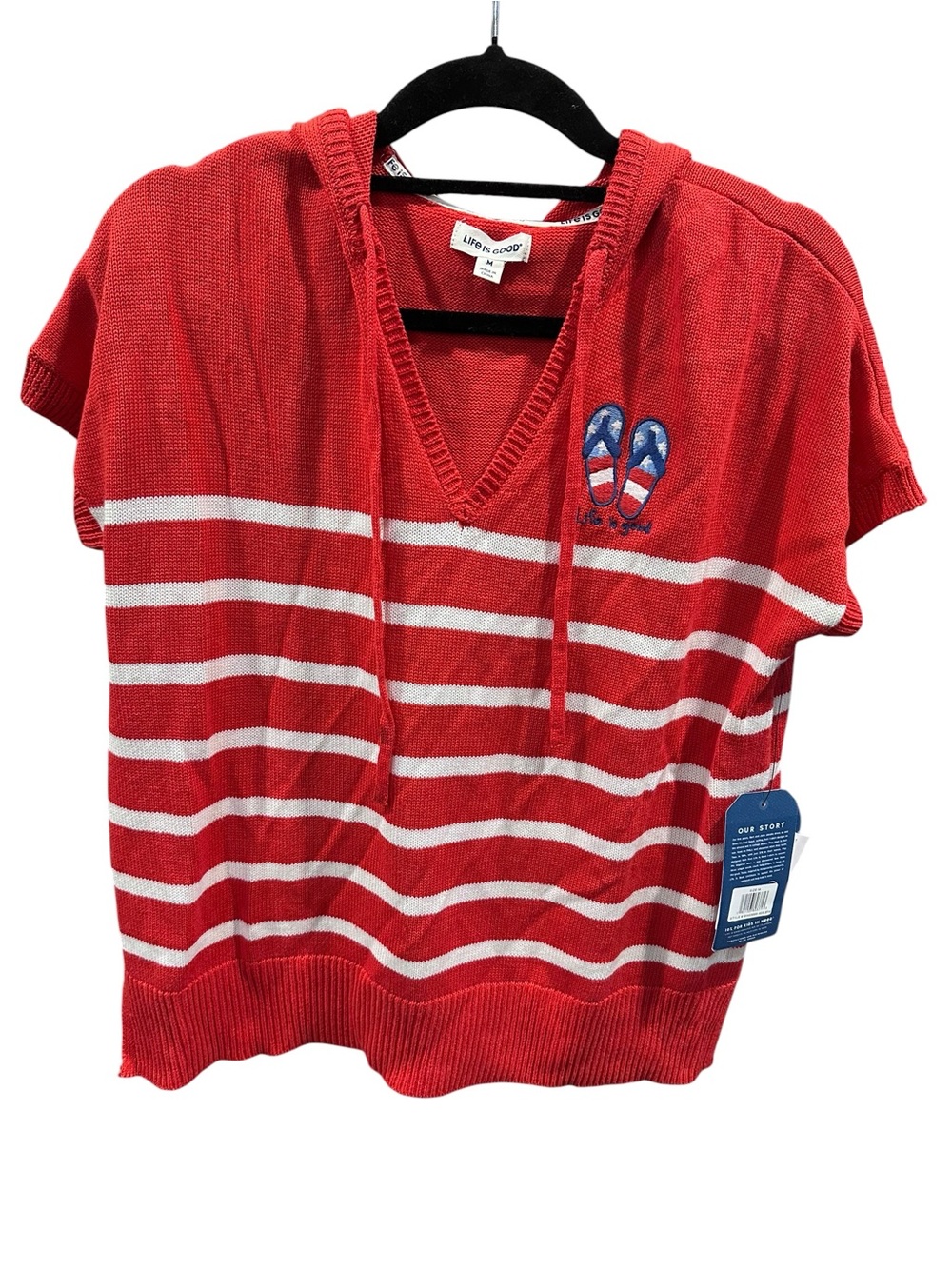 NWT‎ Life Is Good Red White Stripe Hooded short sleeve Sweater Medium Patriotic